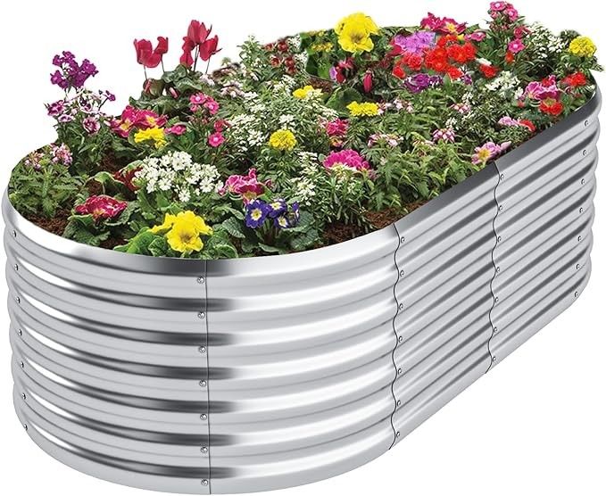 Cama de jardim galvanizado elevada Cama de jardim de plantação de jardinagem 6 * 3 * 2 Ft caixa de jardim de metal oval exterior, grande caixa de jardim de metal