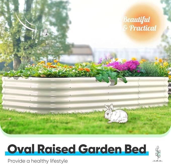 8*3.5*1.5ft Fildişi Beyaz Oval Galvanize Yükseltilmiş Bahçe Yatakları Dışarıya Özel Logo